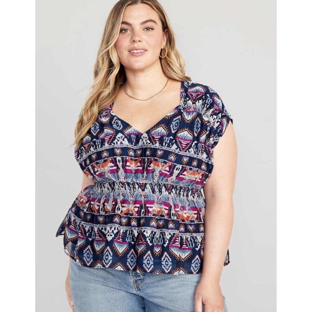 NWT Old Navy Ikat Printed Waist Defined Dolman Sleeve Top Blouse XL